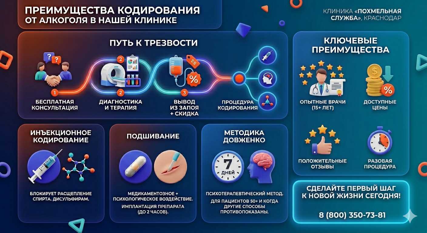 Инфографика о методах кодирования от алкоголя в Боровичах: инъекции, подшивание, метод Довженко. Преимущества клиники и этапы лечения.